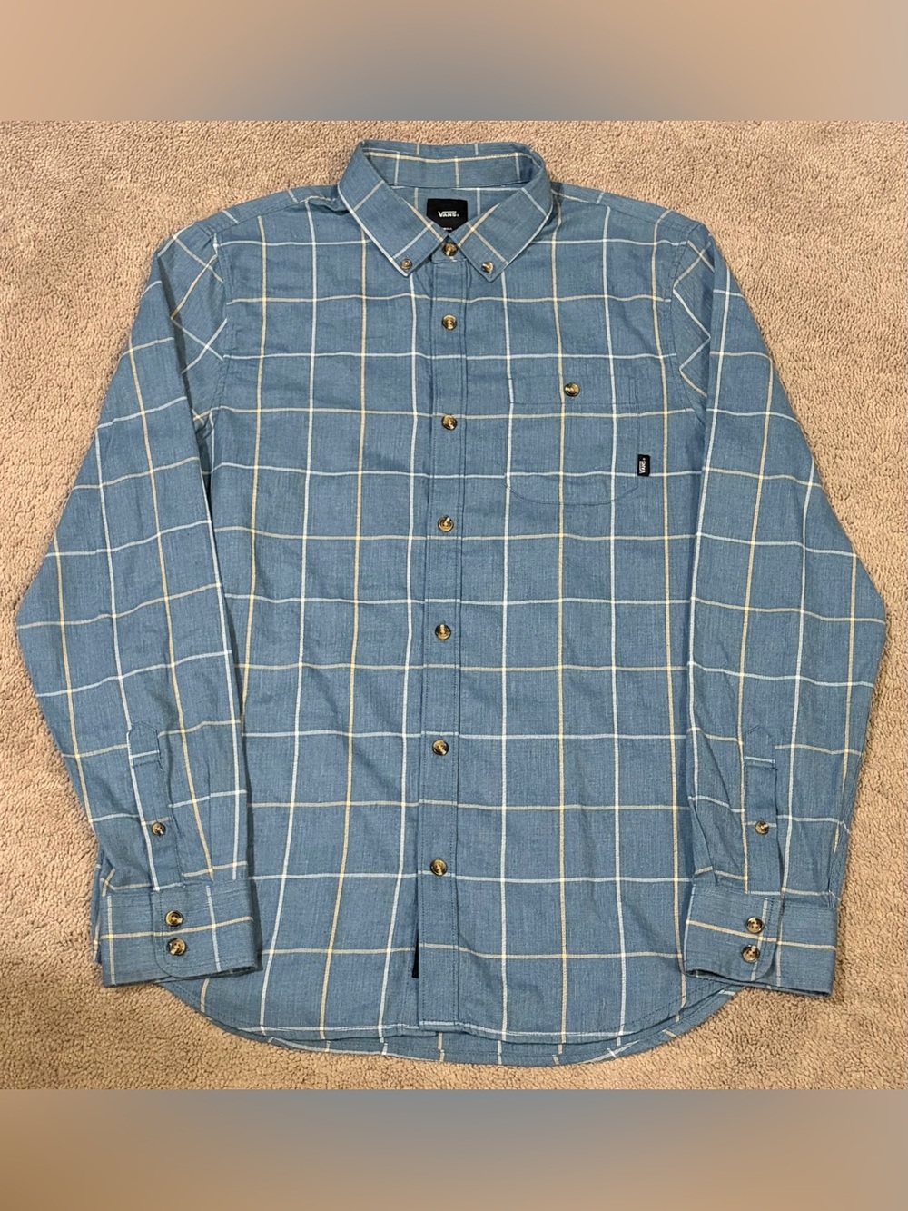 Vans Off The Wall Flannel Shirt Mens Small Blue Plaid Button Up Classic Fit